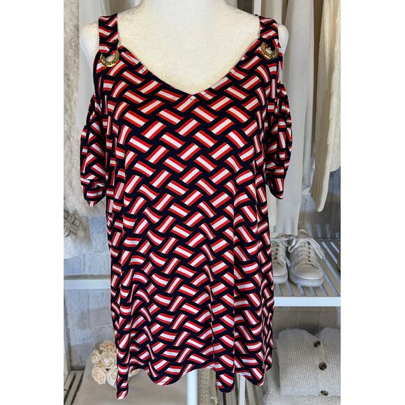 Michael Kors Women's Sz M Navy, Red, White Graphic Print Off Shoulder Top #0338 - Picture 1 of 11